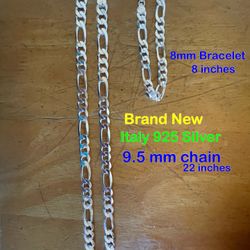 Brand New 925 Silver 9.5 mm Chain &  Bracelet 