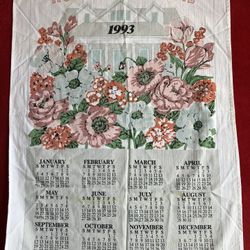 VINTAGE - NEW - LINEN  CALENDAR 1993 FLOWER KITCHEN TEA TOWEL  - 15"W x 28"H ‼️ Have Some Yelpw'ish Marks Due To Old Age ‼️