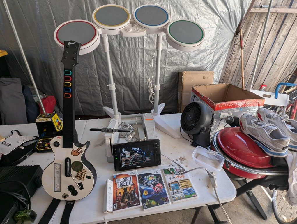 Nintendo Wii System + Wii Guitar Hero & Drums Set + Games