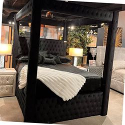Black velvet platform King canopy bed frame