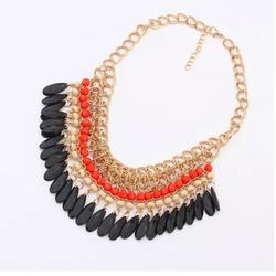 Orange, Black And Beige Bib Style Fringe Necklace