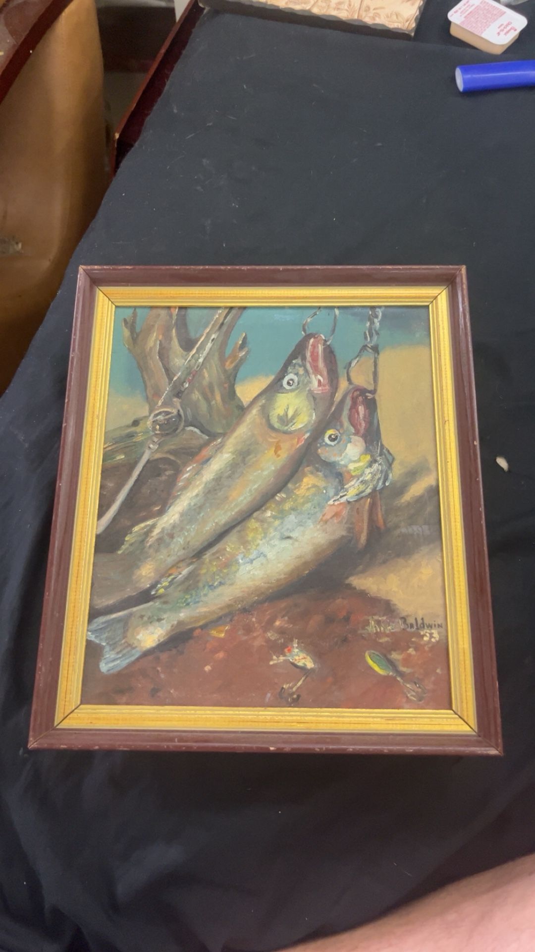 Vintage Original 1953 Fish oil painting signed by Jane Baldwin