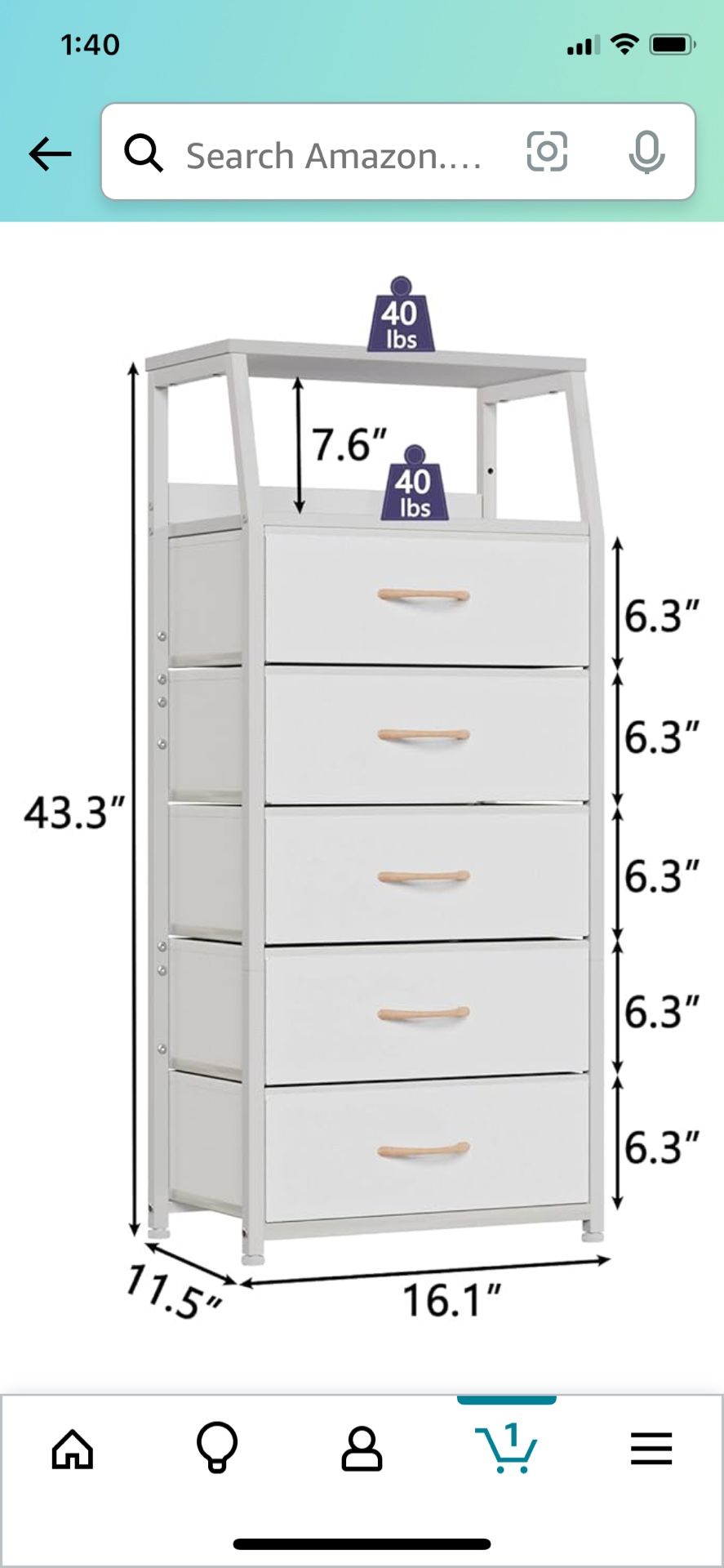New  White Dresser with 5 Drawers, Vertical Storage Tower Fabric Dresser for Bedroom, Hallway, Entryway, Nursery, Closet Organizer, Nightstand$50