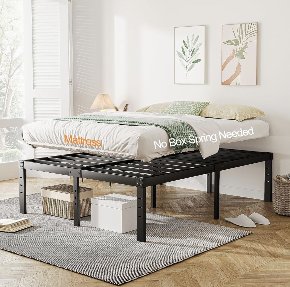 B-92 King Size Bed Frame, 18 Inch High Metal Bed Frame, Noise-Free ...
