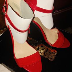 Red Patent Leather And Faux-suede ,Toeless Heels, Sz 7