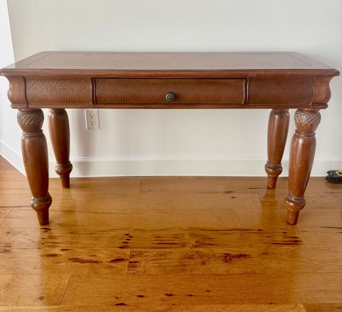 Vintage wooden sideboard console rectangular table with drawer In good condition Measures approximately 28” H x 49” W x 18” D Pick up in Hobe Sound