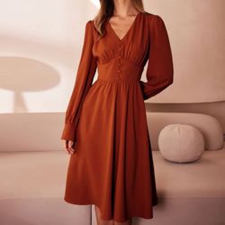 Rihoas Orange V Neck Pleated Button Midi Dress