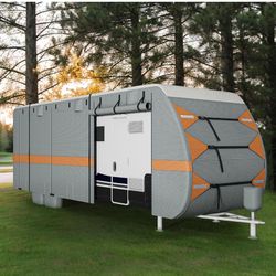 YITAHOME 24-27FT Travel Tailer Cover Camper CoverSuper Thick Waterproof Windproof Anti-UV Rip-Stop Motorhome Covers with 2 Straps 4 Tire Covers Tongue