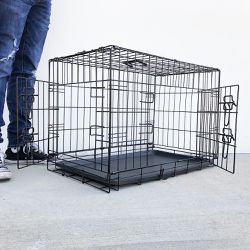 New $30 Folding 30” Dog Cage 2-Door Folding Pet Crate Kennel w/ Tray 30”x18”x20” 
