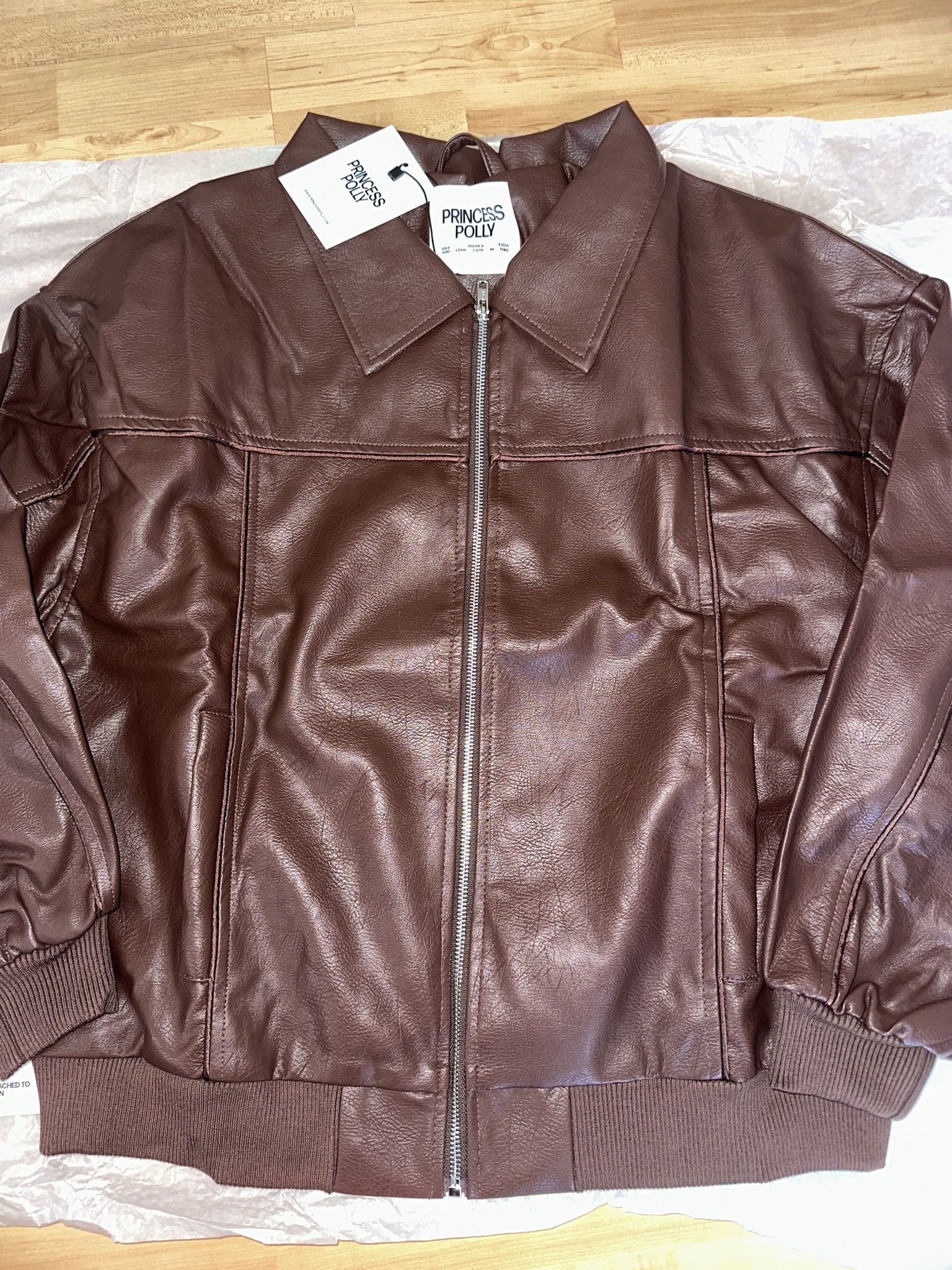 Princess Polly Goldsmith Faux Leather Bomber Jacket Brown Size Women's US 2 NEW WITH TAGS $109 MSRP 