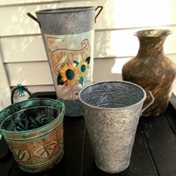 Set Vintage Metal Planters Pots Vase Copper Patina French Bucket Rustic Farmhouse Flower Decor Bundle