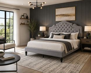 Queen bed Corduroy Upholstered Platform Bed Frame with Vertical Channel Tufted Wingback Headboard, 8" Under Bed Storage, Wooden Slats & Metal Frame Su