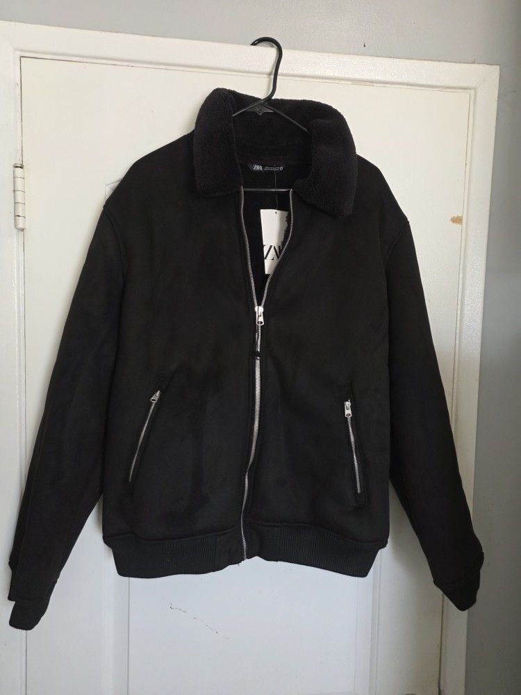 Men's Jacket Zara Black Faux Suede Leather XL