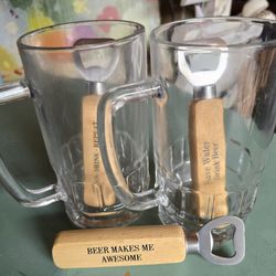 2 Piece Beer Mug Set With 3 "Beer Makes Me Awesome" Bottle Openers