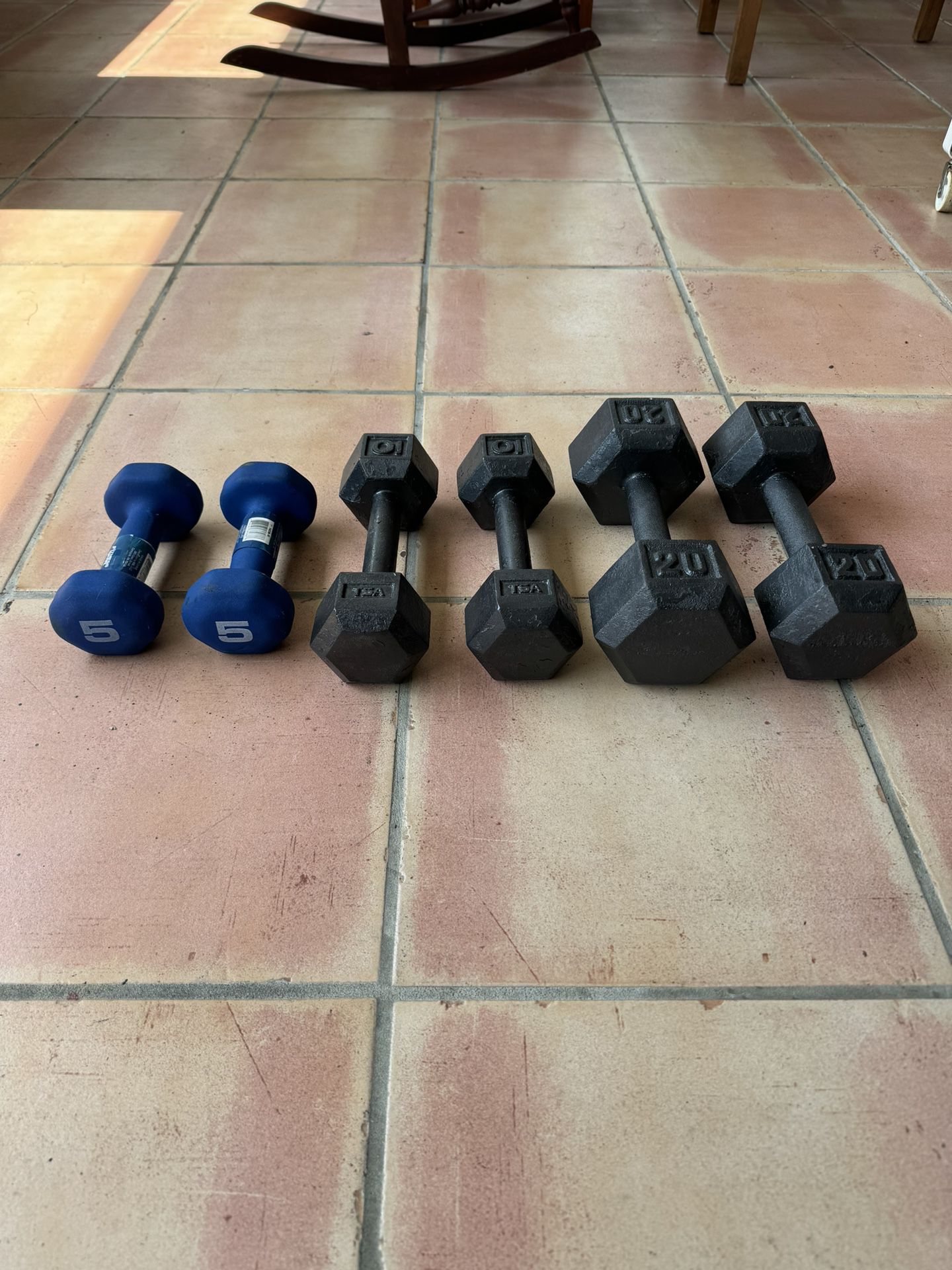 Three Sets Of Dumbbells, 20 lbs, 10 lbs, and 5 lbs