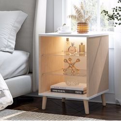End Table LED Small Side Table with 2 Glass Shelves LED Farmhouse Bedside Table with Storage for Living Room, Bedroom and Home Office,White & Wood
