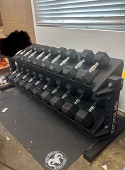 ROGUE dumbbell weights with 2 tier storage rack LIKE NEW 5-50 lbs in 5 lb increments PRICES UNDER DESCRIPTION 👇👇👇 FREE 15 miles DELIVERY