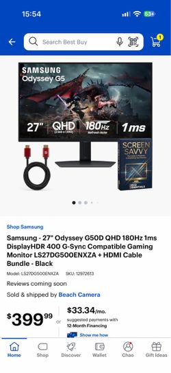 Samsung Odyssey G5 27” QHD 1440P 180Hz Fast IPS Gaming Monitor – S27DG500E