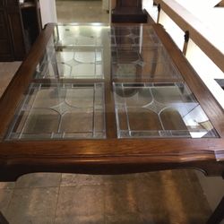 Vintage Oak Dining Table Leaded Glass Inlay Cabriole Legs