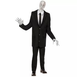Spirit Adult Shadow Man Costume，Spirit Halloween, which features a black suit jacket, matching trousers, a white shirt/tie detail, a latex mask, long