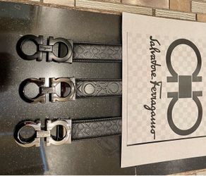 New Ferragamo belts in chrome, dark chrome, black and gold in sizes 30-42