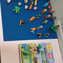 Lego Minecraft Lot Figures with Lego Base Plate 15x15 and New Lego Minecraft Book