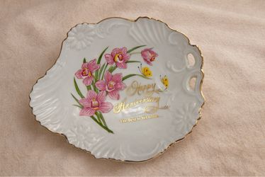 e Happy Anniversary Porcelain Decorative Plate Pink Orchids Gold Trim Romantic