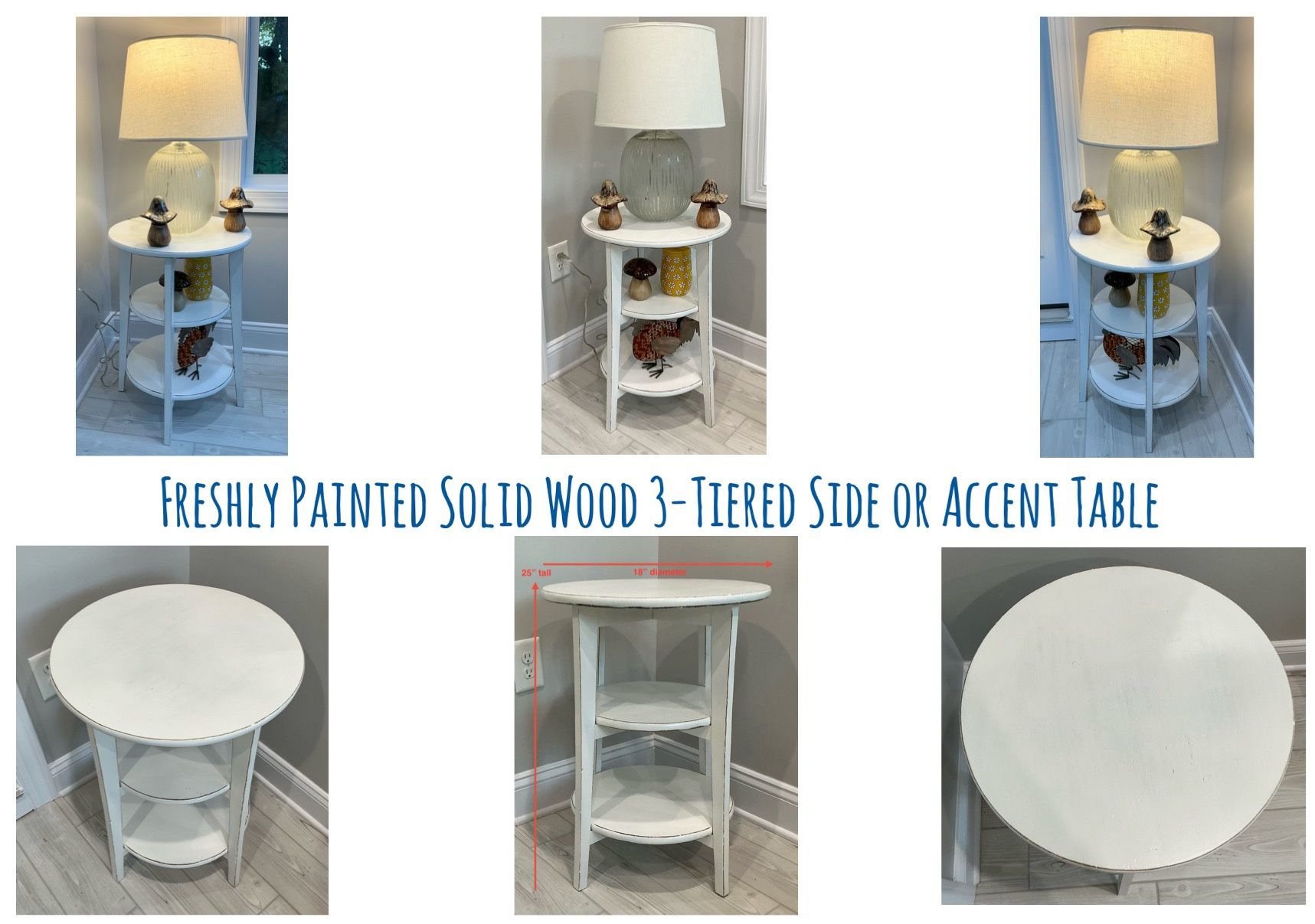 Freshly Painted White with Distressed Edges Solid Wood 3-Tiered Side or Accent Table
