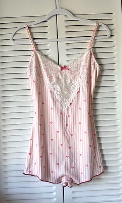 Pink Heart Print Lace Trim Cami Romper
