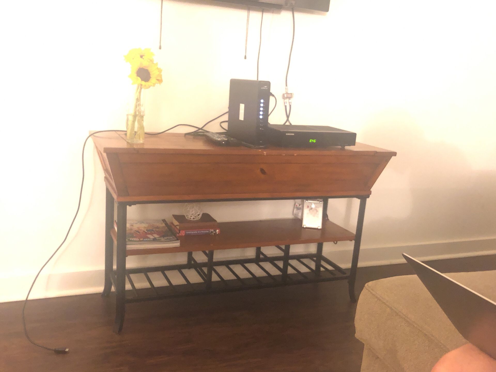 Storage container table. Hinges slightly hidden to conceal