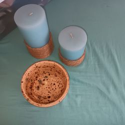 Pair Of Pillar Candles With Rope Base  And Ceramic Bowl