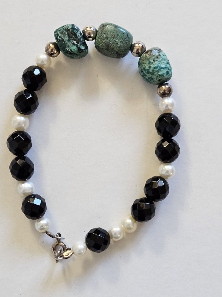925 sterling silver, turquoise, freshwater pearl, bead bracelet, 7.5". NWT.