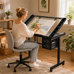 Adjustable Glass Drafting Desk with Drawers and Wheels - Black