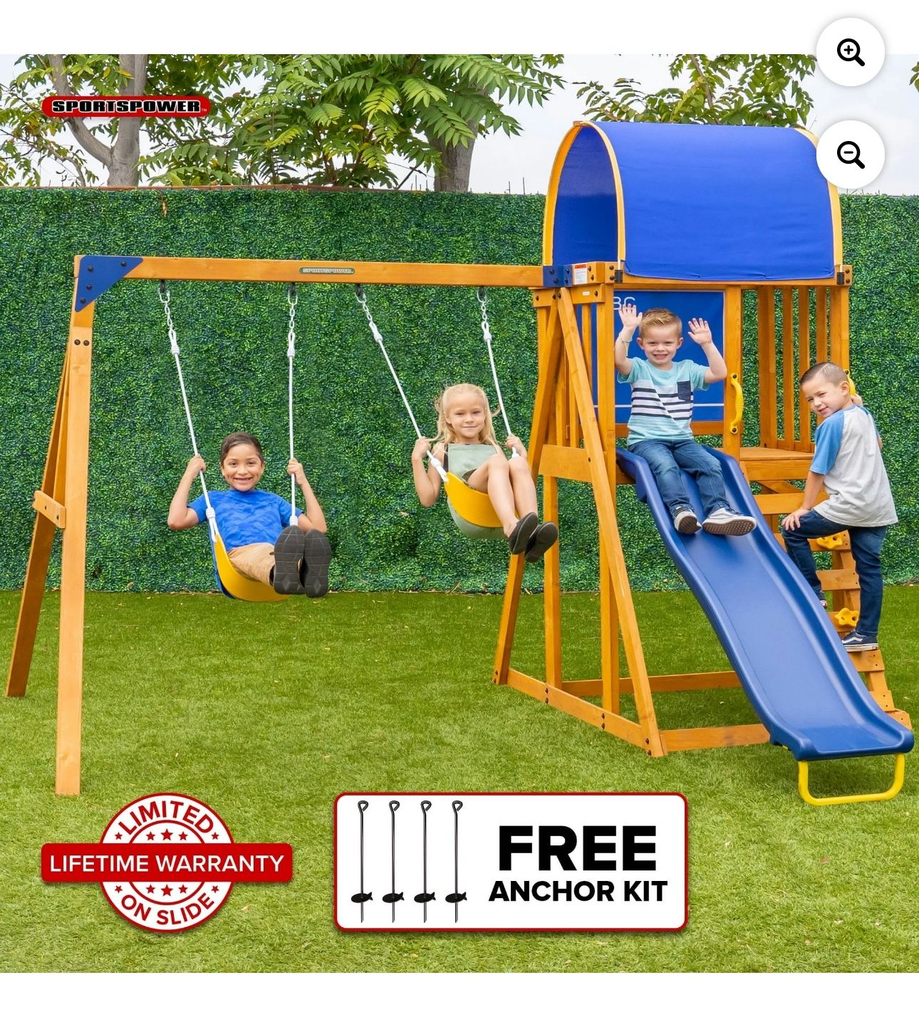 Sportspower Addison Wooden Swing Set with Heavy Duty Double A-Frame, Lifetime Warranty on Slide, & Bonus Anchor Kit - for Ages 3-8