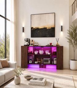 58" Glass Display Cabinet - High Gloss wine Cabinet with LED Light, Fluted, Walnut I-14