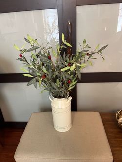 Cream Metal Milk Jug Vase with Faux Olive Branches