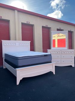 WHITE FULL SIZE BEDROOM SET with serta pillow top mattress