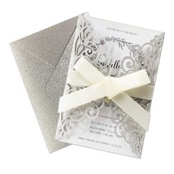 50 Fashmade Silver Glitter Laser Cut Invitations Wedding Anniversary Quinceanera  Shower Birthday 