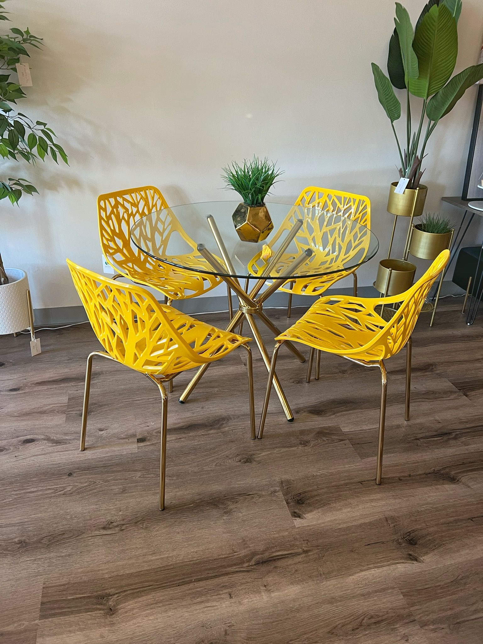 Yellow Gold Glass Dining Set For 4