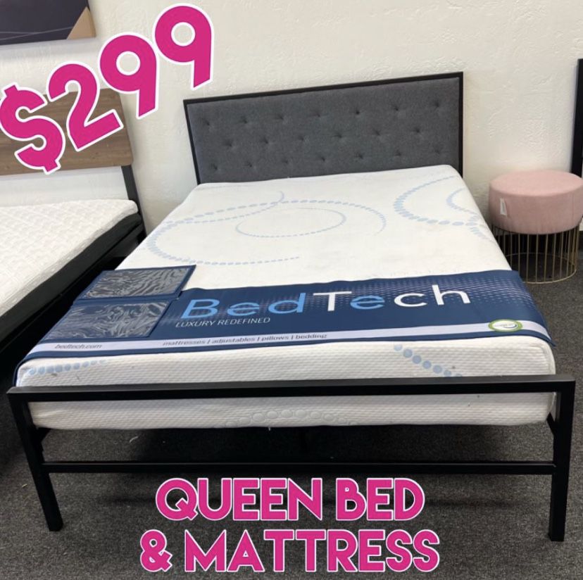 Queen Bed With Gel Memory Foam Mattress 