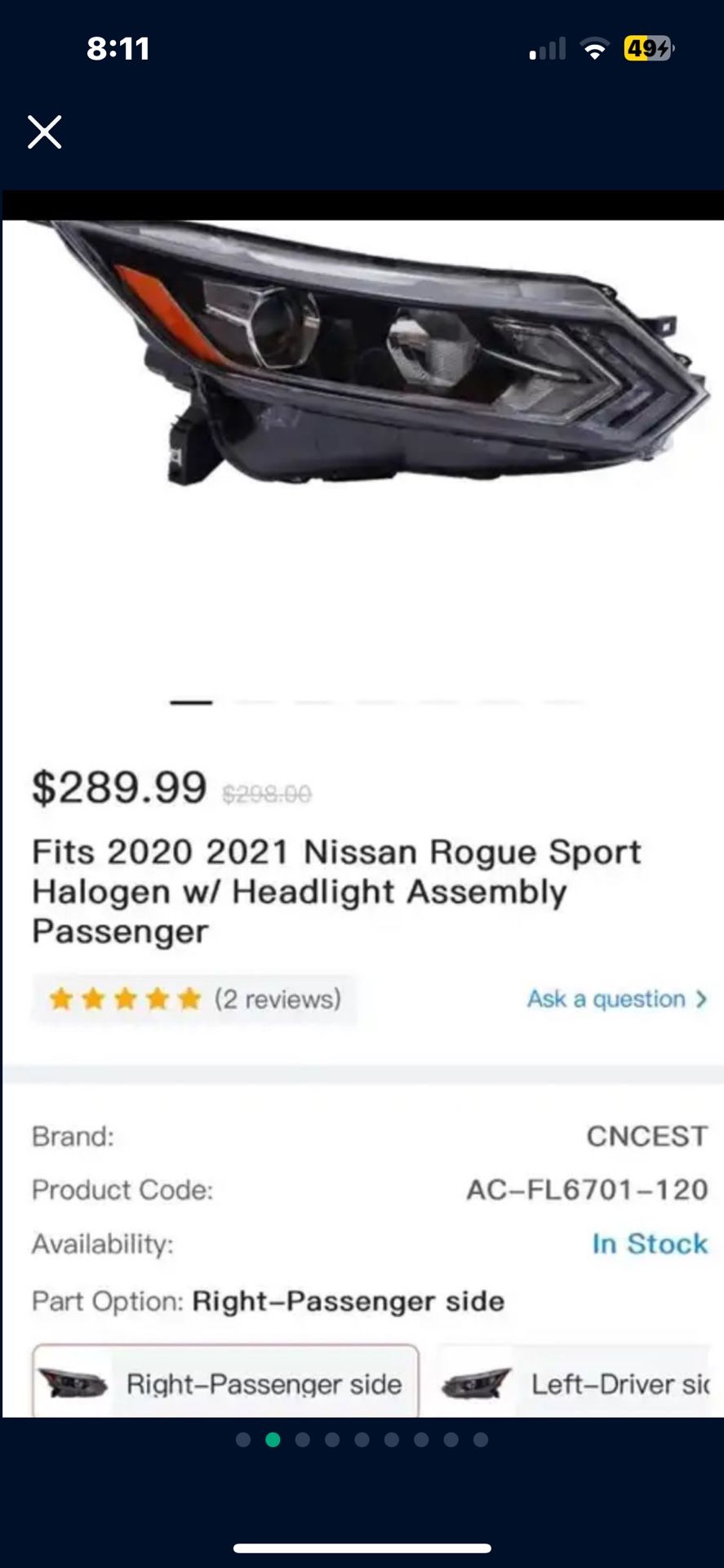 Fits 2020 2021 Nissan Rogue Sport Halogen w/ Headlight Assembly Passenger