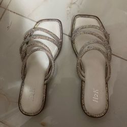 : H2K White Square Toe Rhinestone Strappy Slides