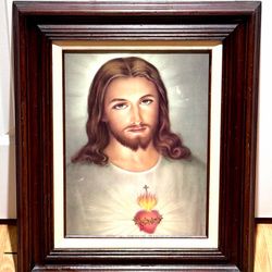 Sacred Heart of Jesus Framed Solid Wood Lithograph Catholic Religious Wall Art- Large Size! Vintage.