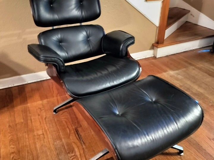 Vintage Mid Century Eames Style Bentwood  Vinyl Accent Chair and Matching Ottoman.