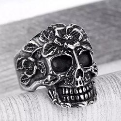 Stainless steel floral skull ring