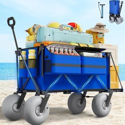 Beach Wagon with Big Wheels for Sand - 450lbs Load Heavy Duty Wagons Carts Foldable with 9" All Terrain Inflatable Tires, Collapsible Beach Cart for G