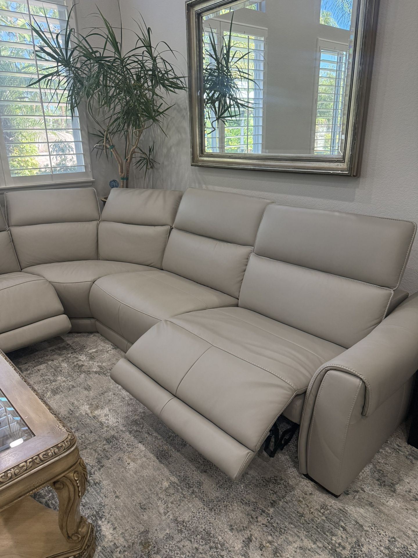 Grey Leather Sectional Couch With 3 Extra Wide Recliners