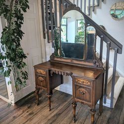 Vintage Vanity, 4-drawer Desk On Wheels, Solid Wood, Mirror