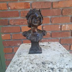 Antique Art Nouveau "Enid" Bronzed Spelter Lady Bust After Emmanuel Villanis
