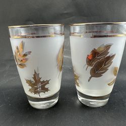 Set of 2 Libbey Golden Foliage Leaf Pattern 4 3/4” Barware Glasses 